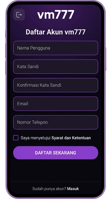 Tampilan halaman daftar vm777