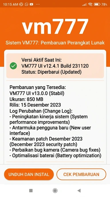 Tampilan riwayat versi vm777